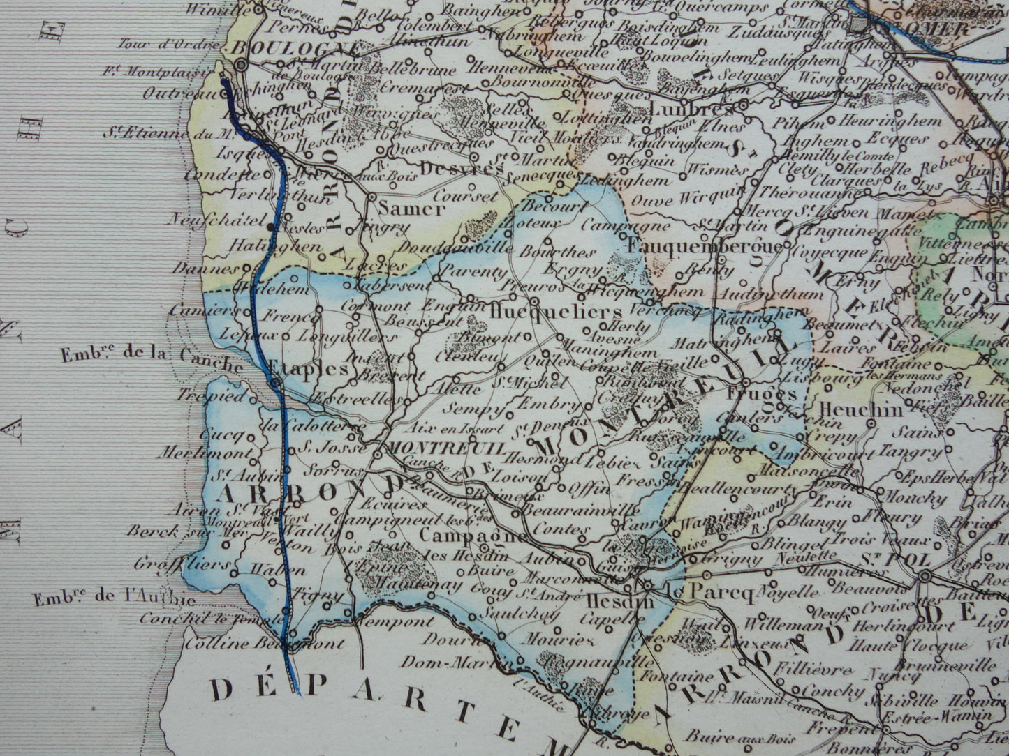 Oude kaart van Pas-de-Calais departement in Frankrijk uit 1856 originele antieke handgekleurde landkaart