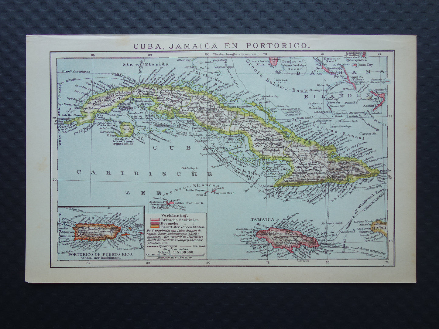 CUBA Oude landkaart van Cuba en Jamaica Klein formaat Nederlandse kaart