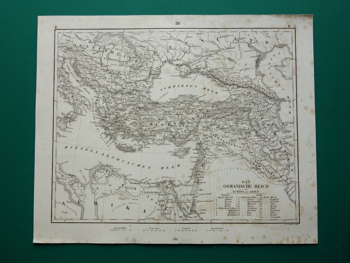 OSMAANSE RIJK Oude landkaart van Turkije uit 1849 historische kaart Ottomaanse Rijk z/w
