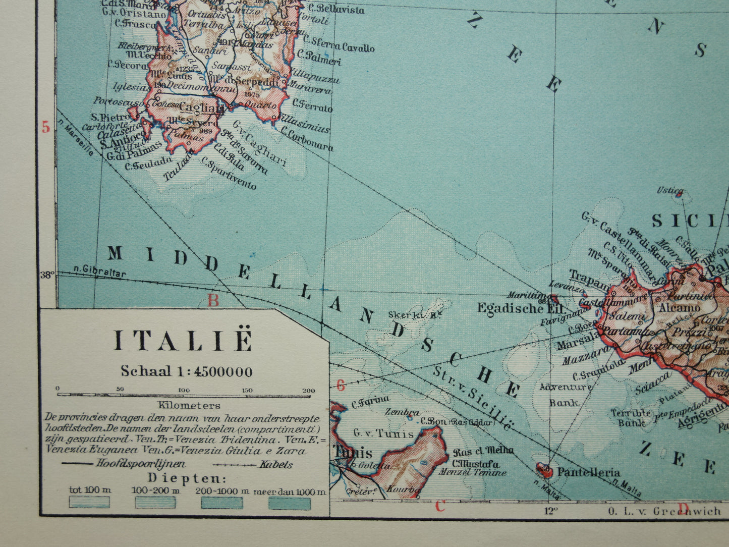 Oude kaart van Italië uit 1935 Originele vintage Nederlandse landkaart van Italië