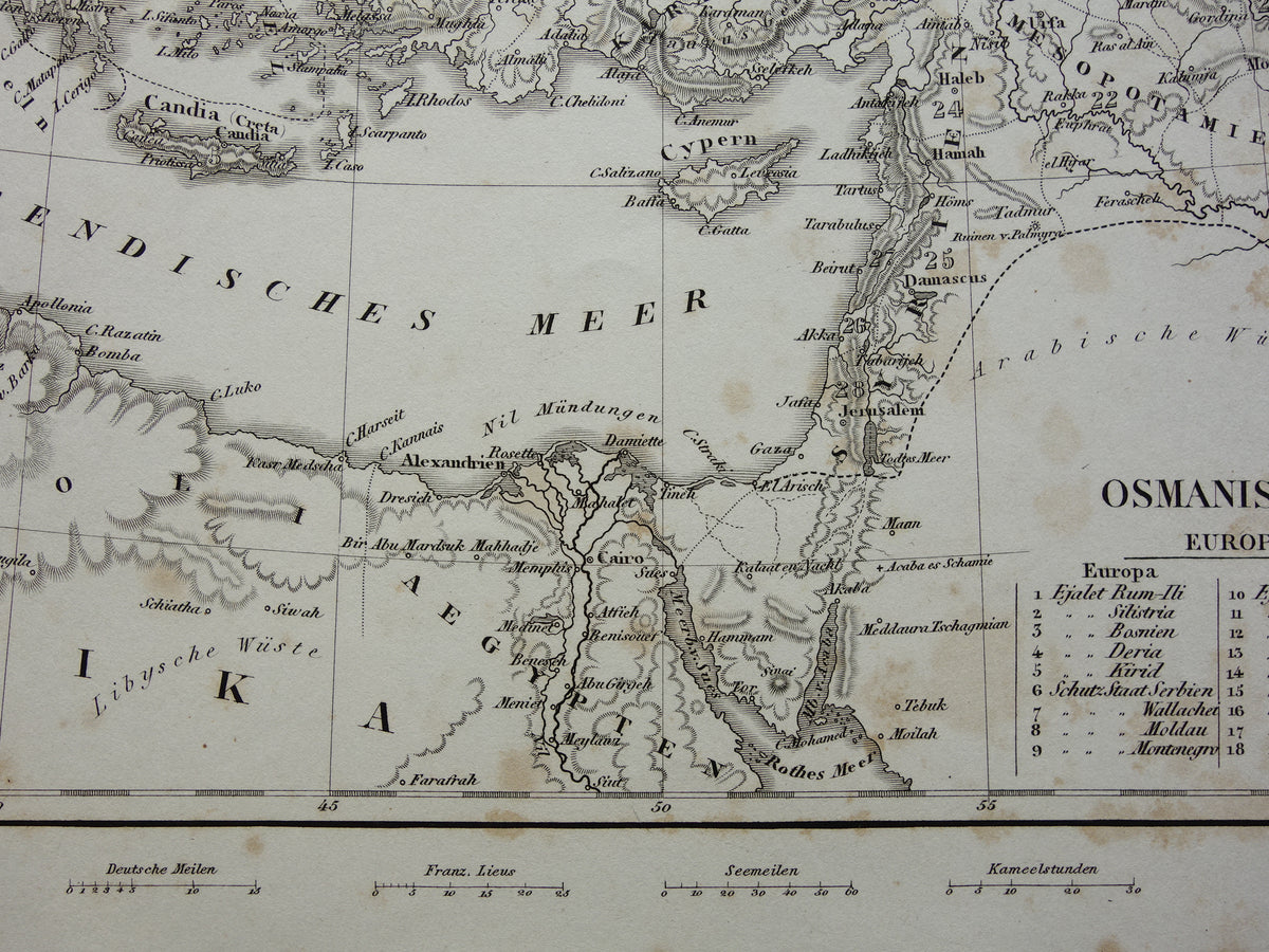 OSMAANSE RIJK Oude landkaart van Turkije uit 1849 historische kaart Ottomaanse Rijk z/w