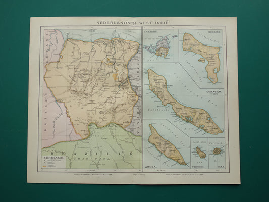 Suriname oude kaart uit 1911 originele antieke Nederlandse landkaart van Suriname en Caraïbisch gebied West-Indië