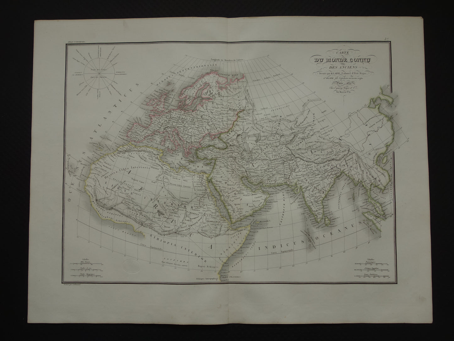 Ptolemaeus oude wereldkaart uit 1832 kaart van de klassieke wereld originele antieke handgekleurde landkaart met jaartal geschiedeniskaart