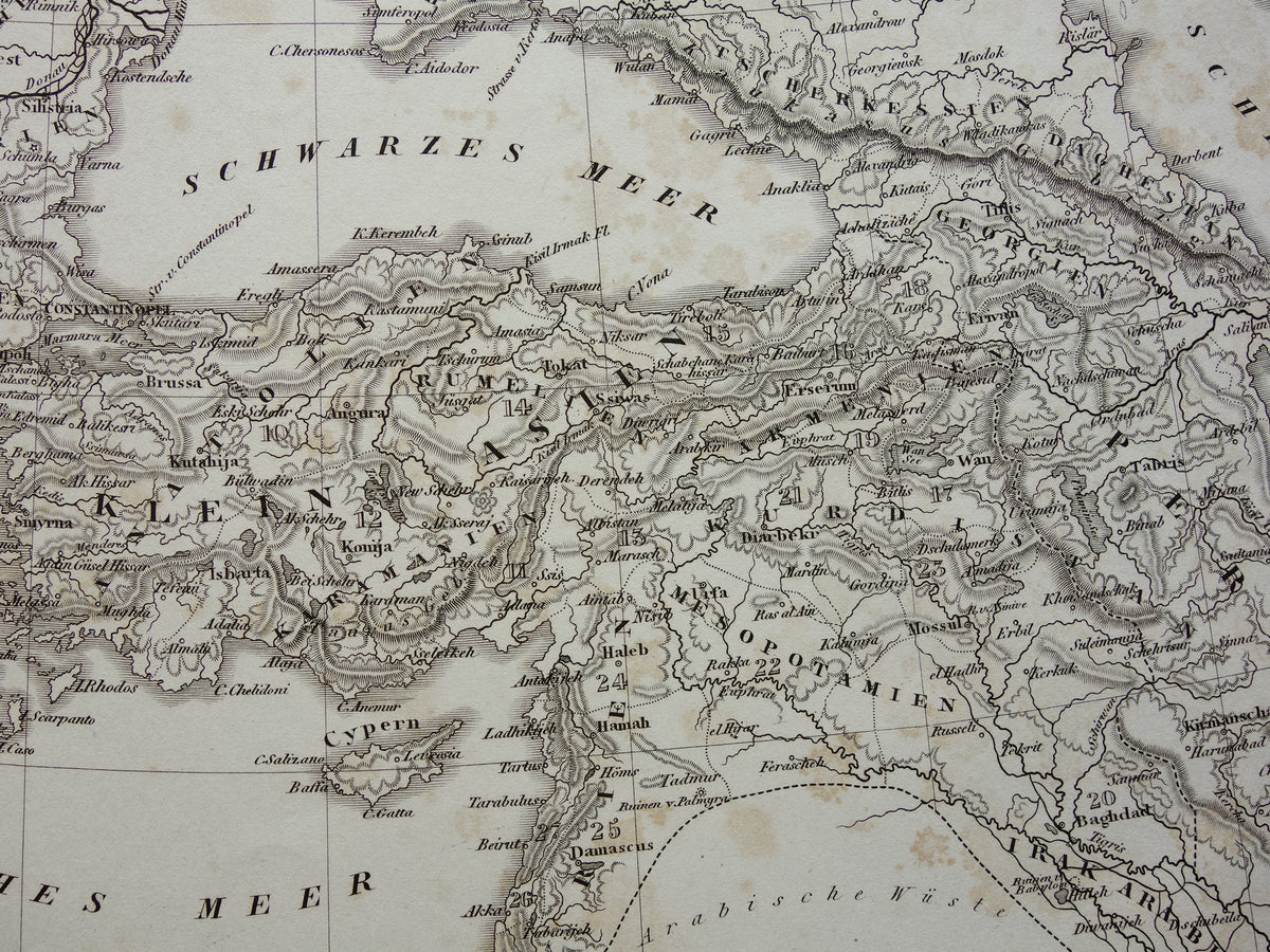 OSMAANSE RIJK Oude landkaart van Turkije uit 1849 historische kaart Ottomaanse Rijk z/w