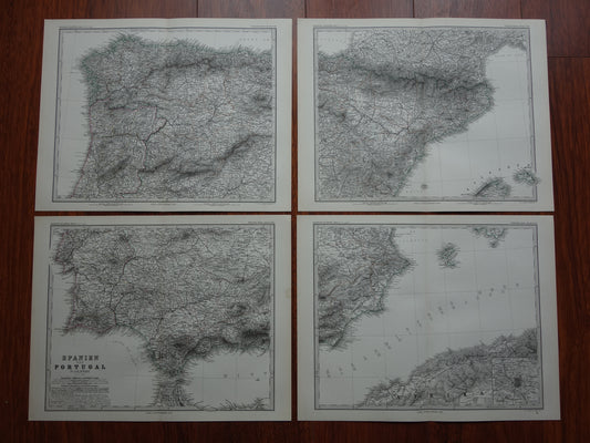 SPANJE Grote oude landkaart van Spanje en Portugal 1878 originele antieke kaart 73 x 94 cm met jaartal vintage landkaarten