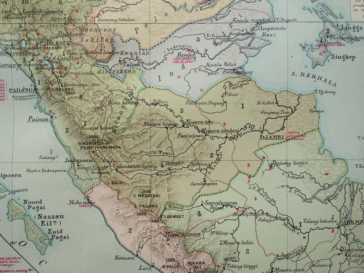 Sumatra old map of Sumatra Indonesia 1911 original antique Dutch map historical maps Sumatra Medan Palembang