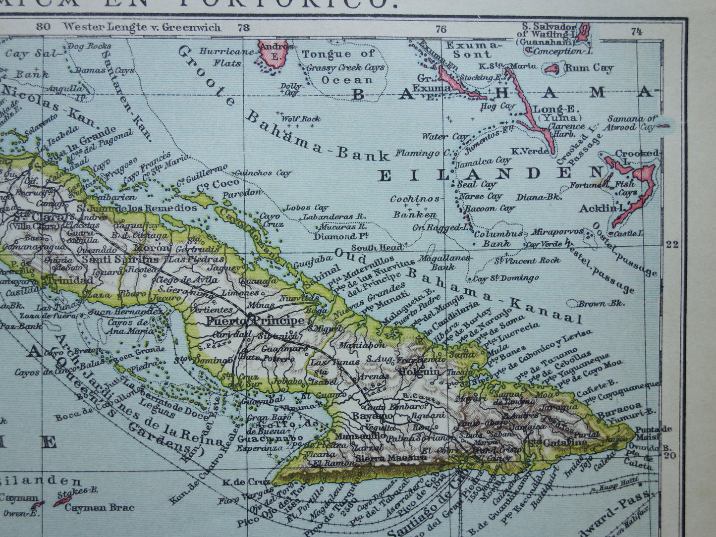 CUBA Oude landkaart van Cuba en Jamaica Klein formaat Nederlandse kaart