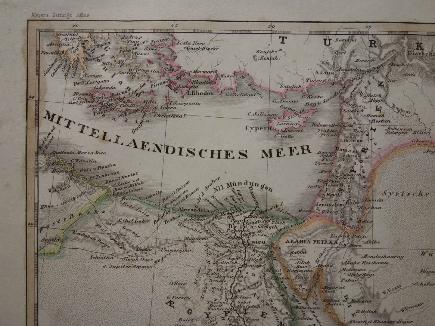Oude kaart van Egypte Rode Zee Saoedie-Arabië 175+ jaar oude handgekleurde landkaart Ethiopië