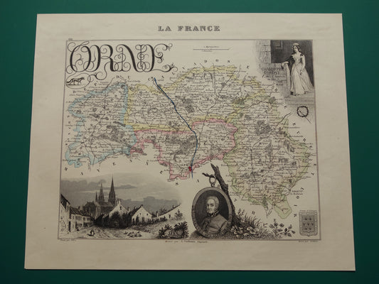 Oude kaart van ORNE departement in Frankrijk uit 1856 originele antieke handgekleurde landkaart Alençon Fiers Argentan Sees