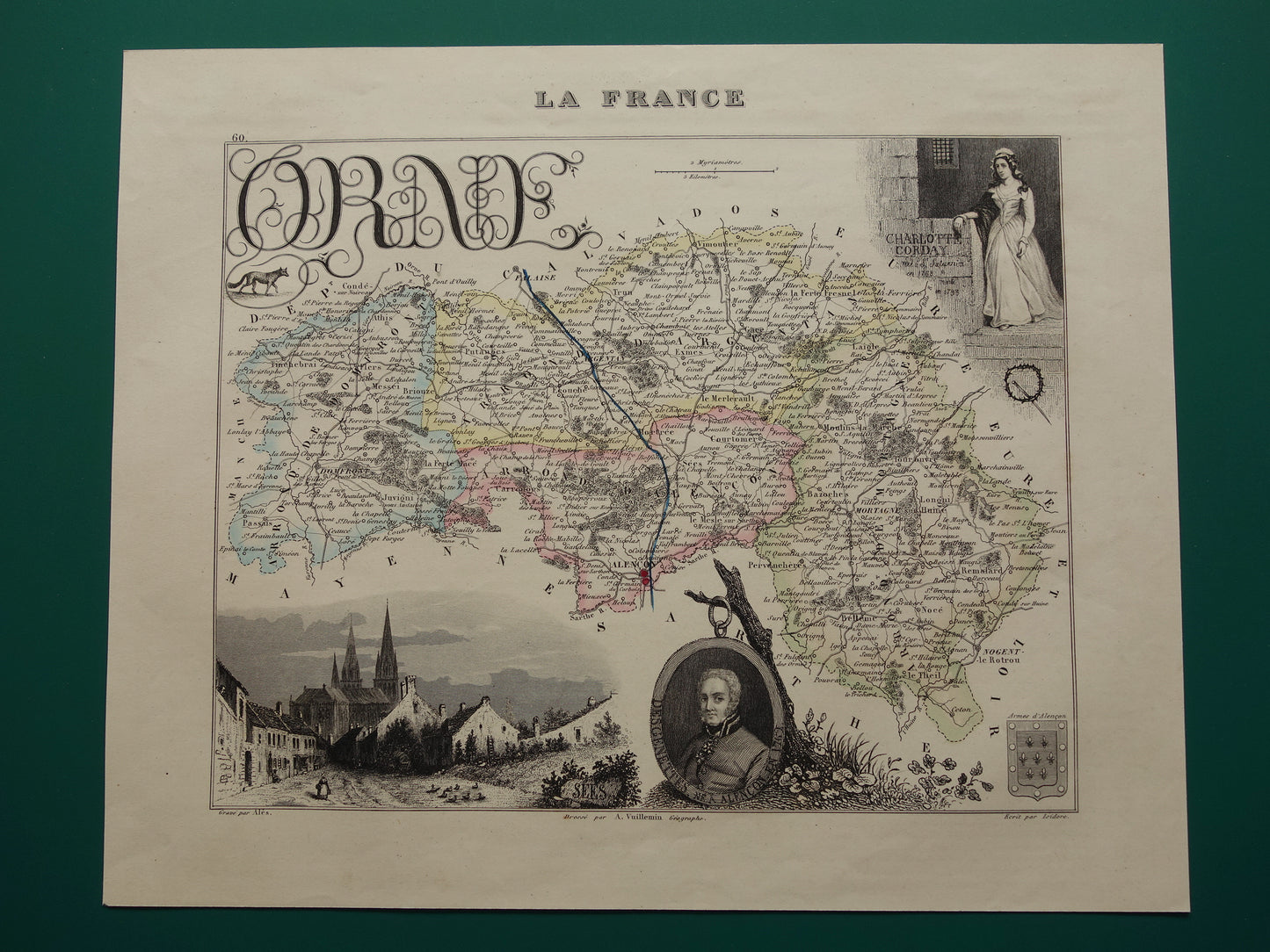 Oude kaart van ORNE departement in Frankrijk uit 1856 originele antieke handgekleurde landkaart Alençon Fiers Argentan Sees