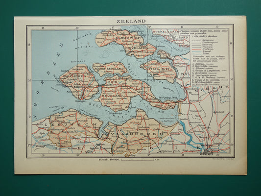 Oude kaart van de provincie Zeeland uit 1938 Kleine vintage landkaart