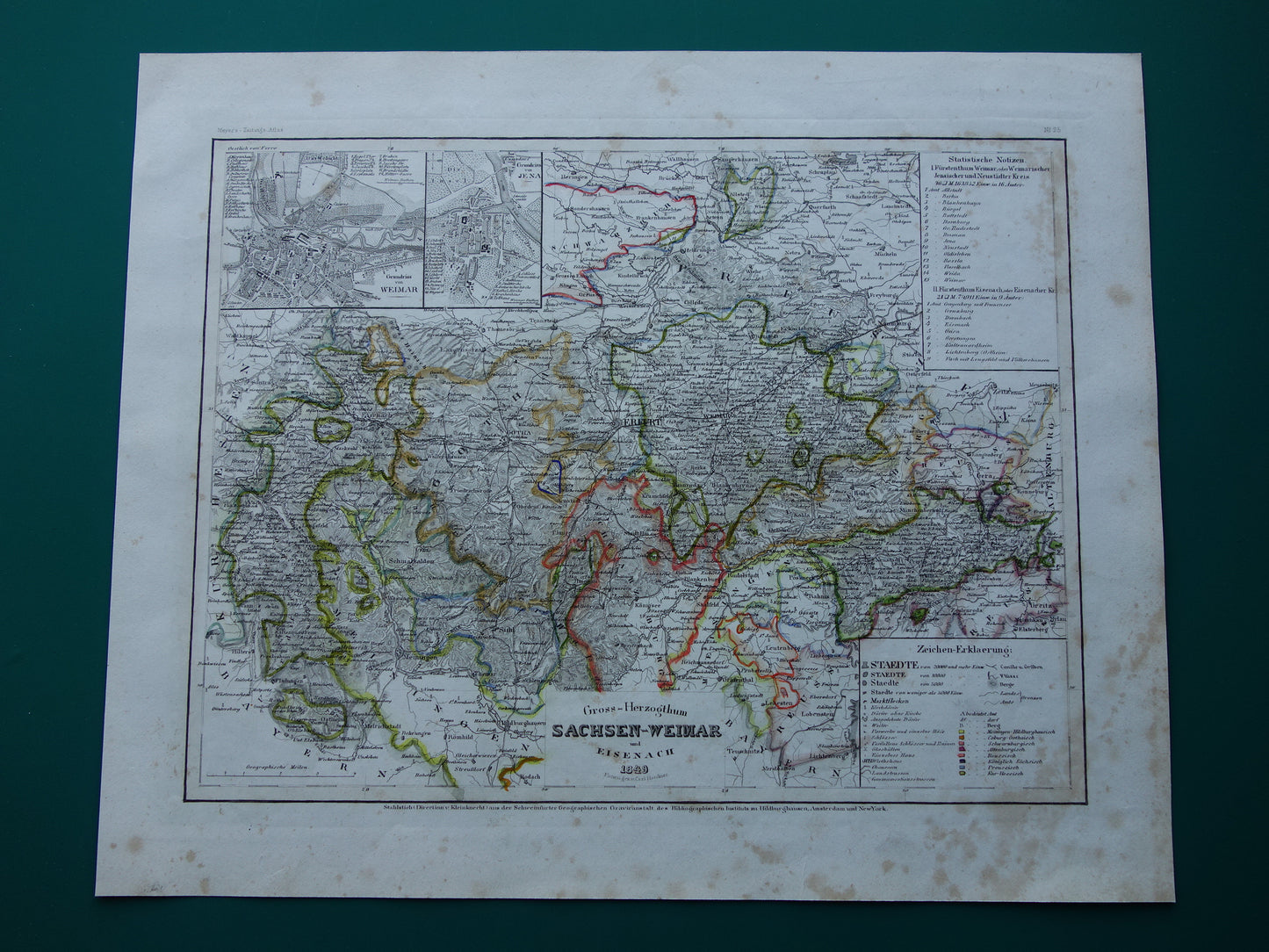 Groothertogdom Saksen-Weimar-Eisenach oude kaart uit 1849 - originele antieke landkaart Duitsland Thüringen Weimar Jena - vintage kaarten