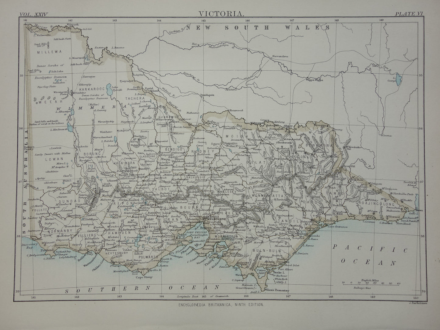 Antique map of the state of Victoria in Australia 1888 original old map Melbourne Vic for sale