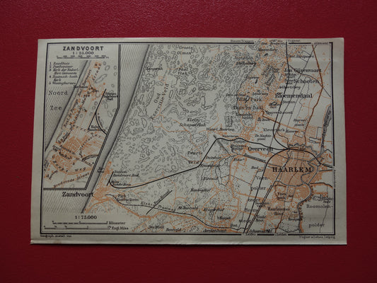 Zandvoort en Haarlem kleine oude landkaart uit 1904 kleine originele antieke kaart vintage print Bloemendaal Overveen