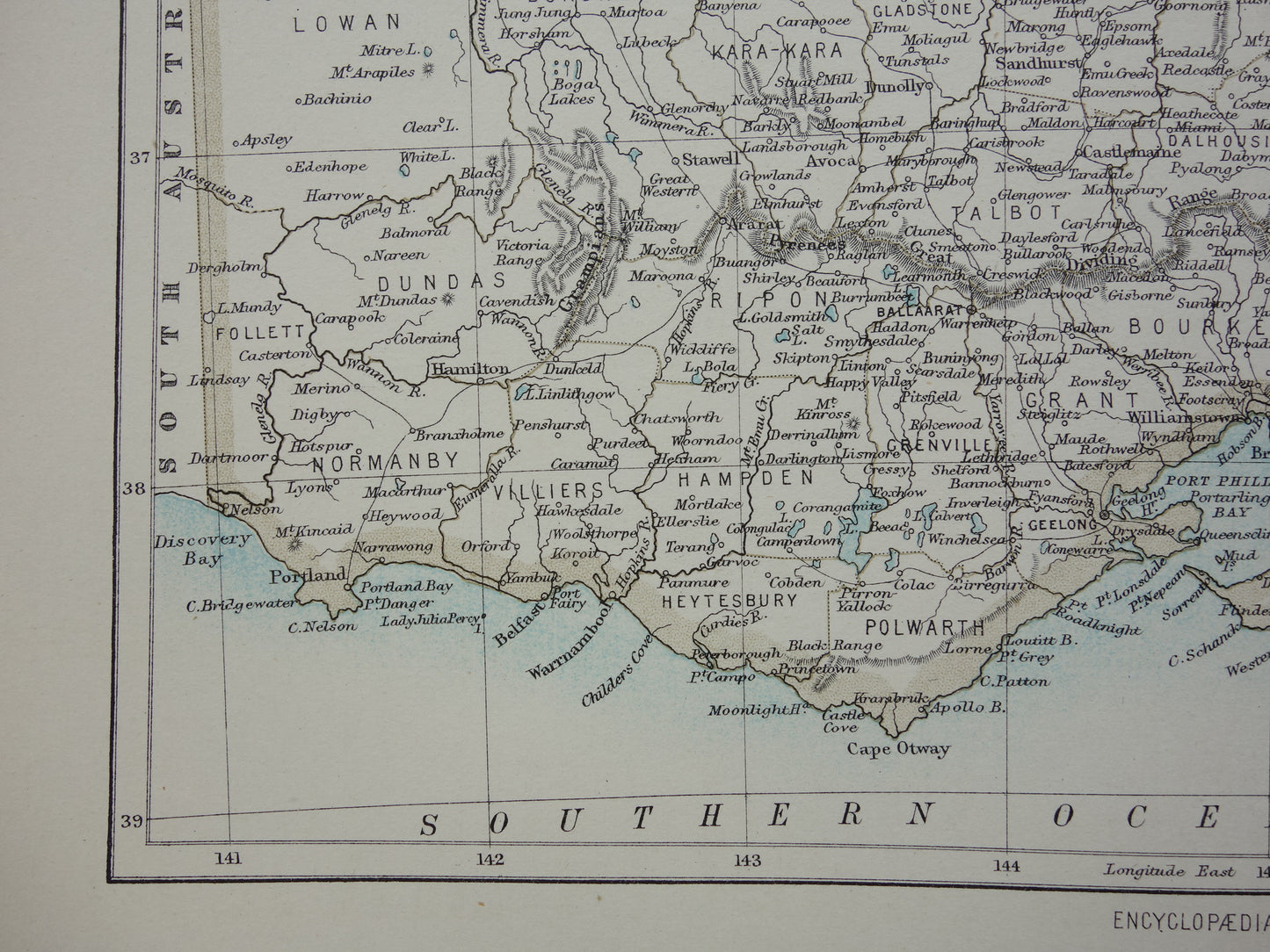 Antique map of the state of Victoria in Australia 1888 original old map Melbourne Vic for sale