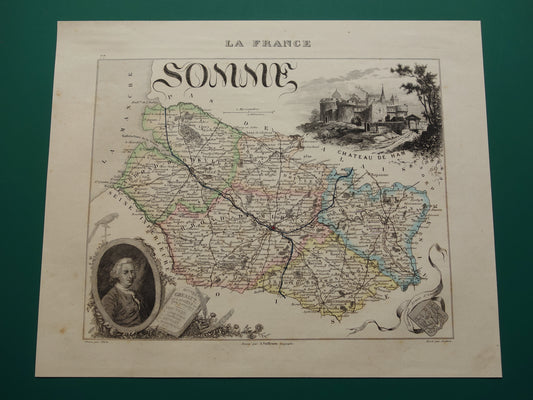 Oude kaart van Somme departement in Frankrijk uit 1856 originele vintage handgekleurde landkaart Ameins Abbeville