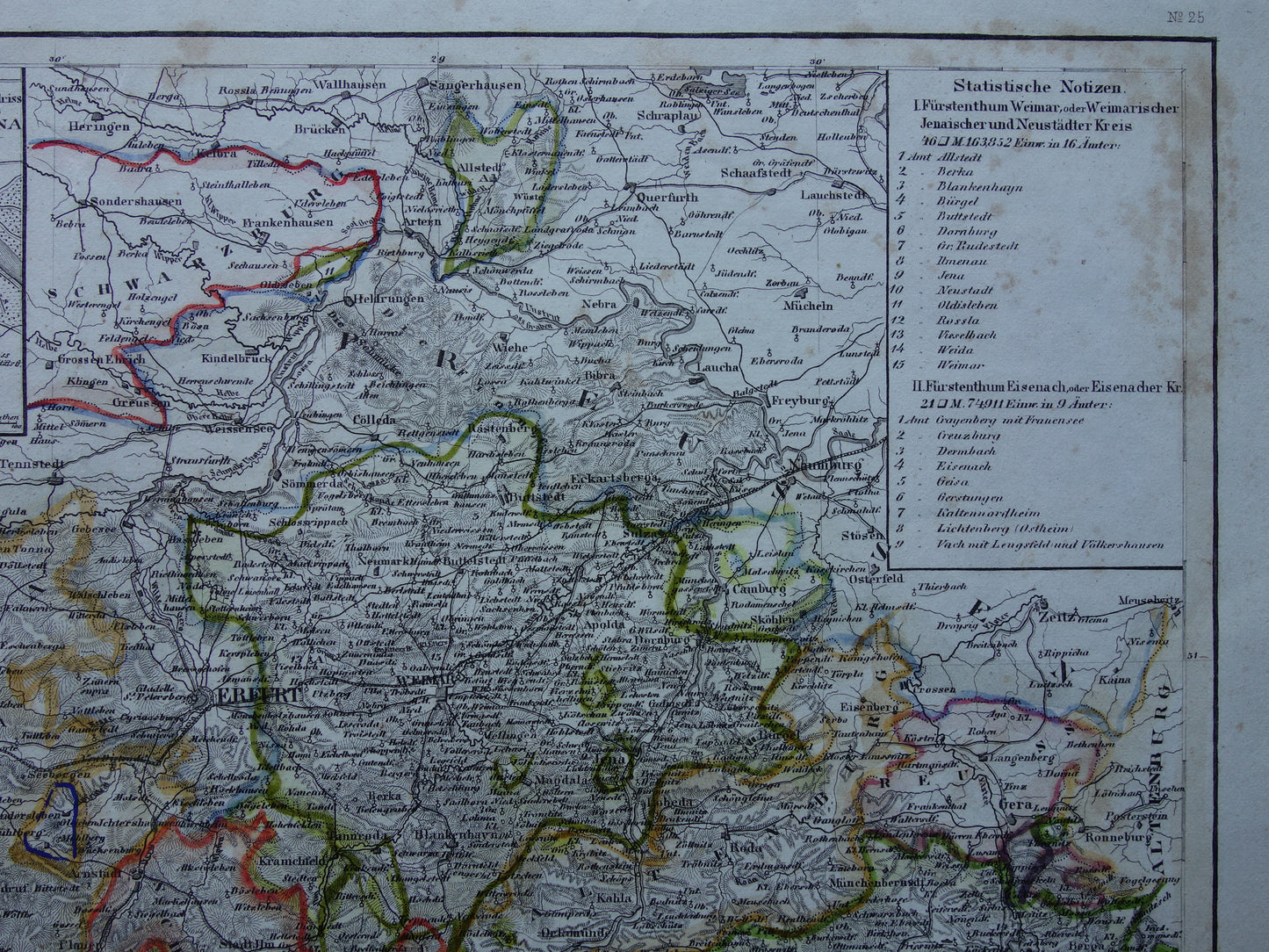Groothertogdom Saksen-Weimar-Eisenach oude kaart uit 1849 - originele antieke landkaart Duitsland Thüringen Weimar Jena - vintage kaarten
