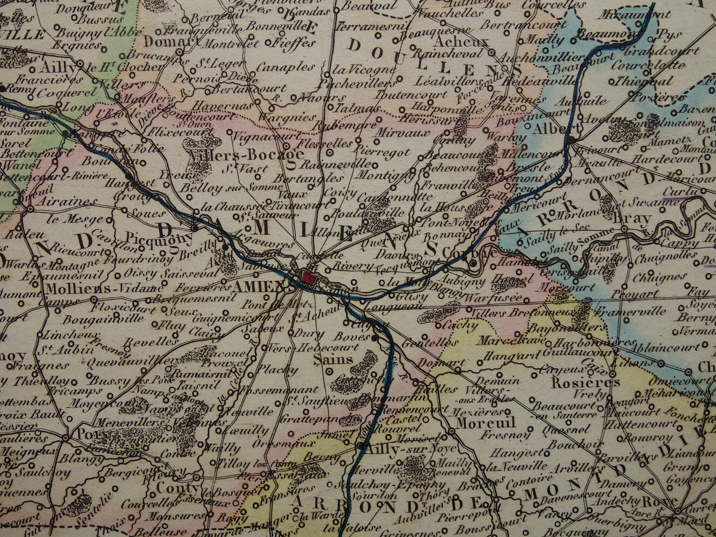 Oude kaart van Somme departement in Frankrijk uit 1856 originele vintage handgekleurde landkaart Ameins Abbeville