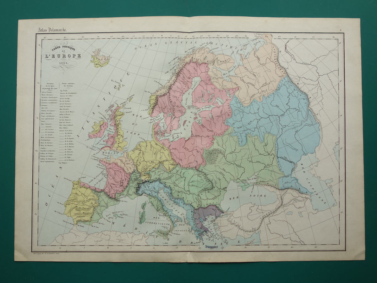 Oude kaart van rivieren in Europa uit 1859 Originele antieke Franse landkaart riviersystemen