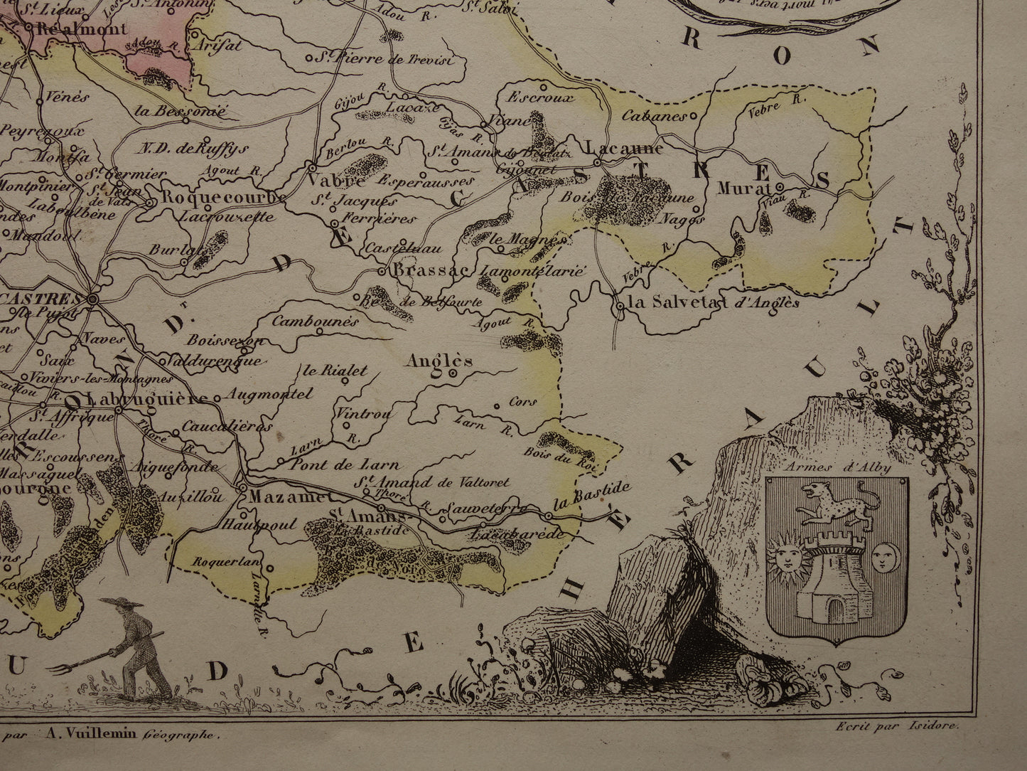 Oude kaart van TARN departement in Frankrijk uit 1856 originele antieke handgekleurde landkaart Albi Castres Gaillac Graulhet Carmaux