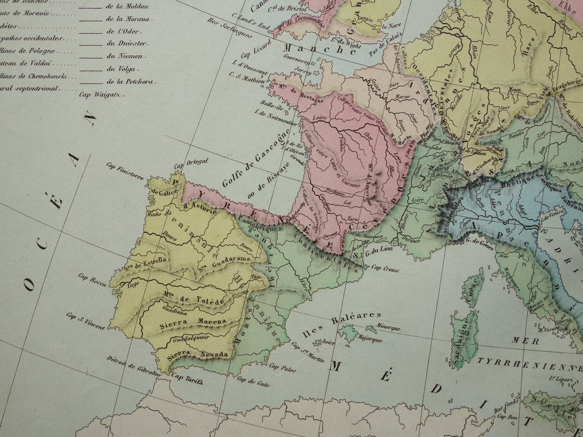 Oude kaart van rivieren in Europa uit 1859 Originele antieke Franse landkaart riviersystemen