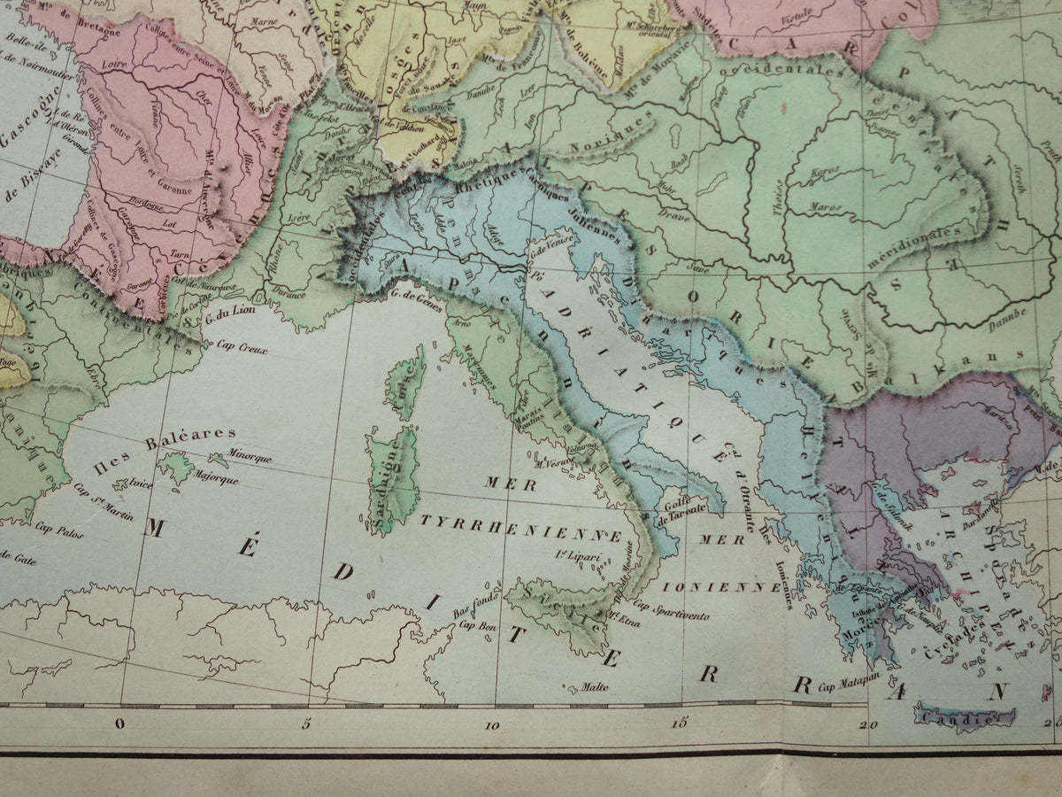 Oude kaart van rivieren in Europa uit 1859 Originele antieke Franse landkaart riviersystemen