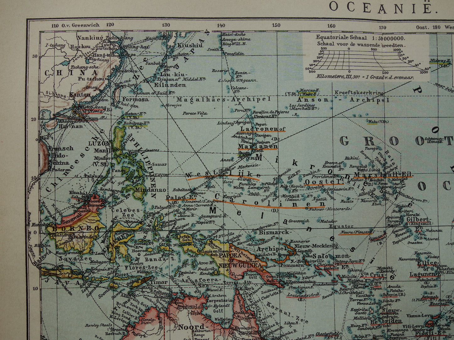 Oude landkaart van Oceanië 1910 originele antieke kaart van Australië Indonesië Polynesië Nieuw-Zeeland vintage print