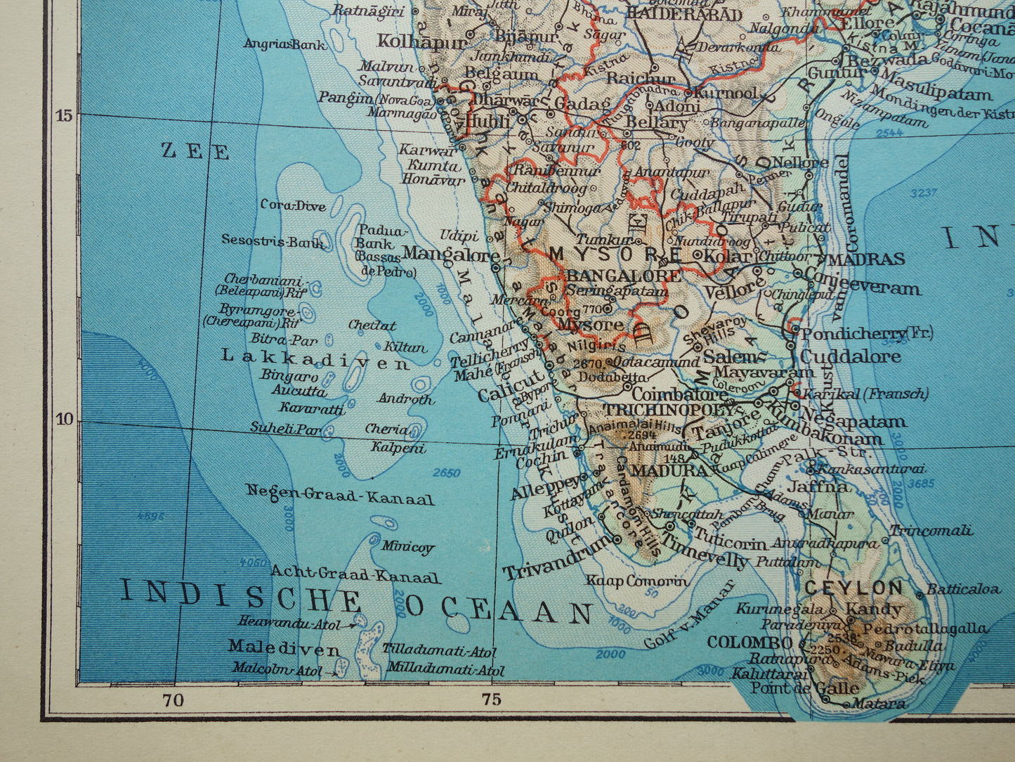 Oude kaart van India uit 1938 originele vintage Nederlandse landkaart van India hoogtekaart