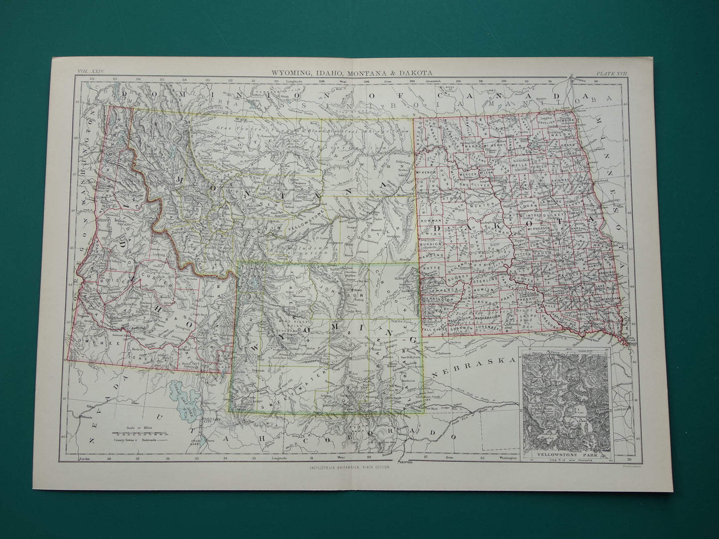 Oude kaart VS 1888 originele antieke landkaart Idaho Wyoming Montana North and South Dakota USA