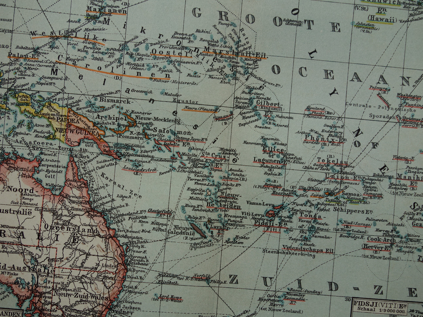 Oude landkaart van Oceanië 1910 originele antieke kaart van Australië Indonesië Polynesië Nieuw-Zeeland vintage print
