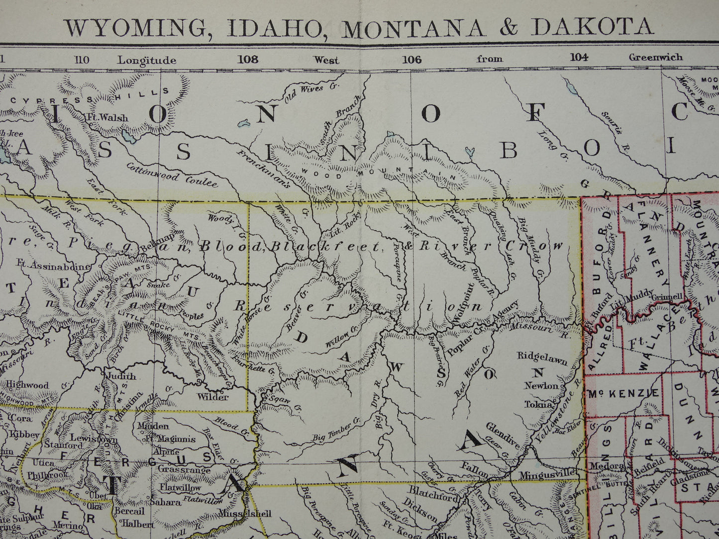 Oude kaart VS 1888 originele antieke landkaart Idaho Wyoming Montana North and South Dakota USA