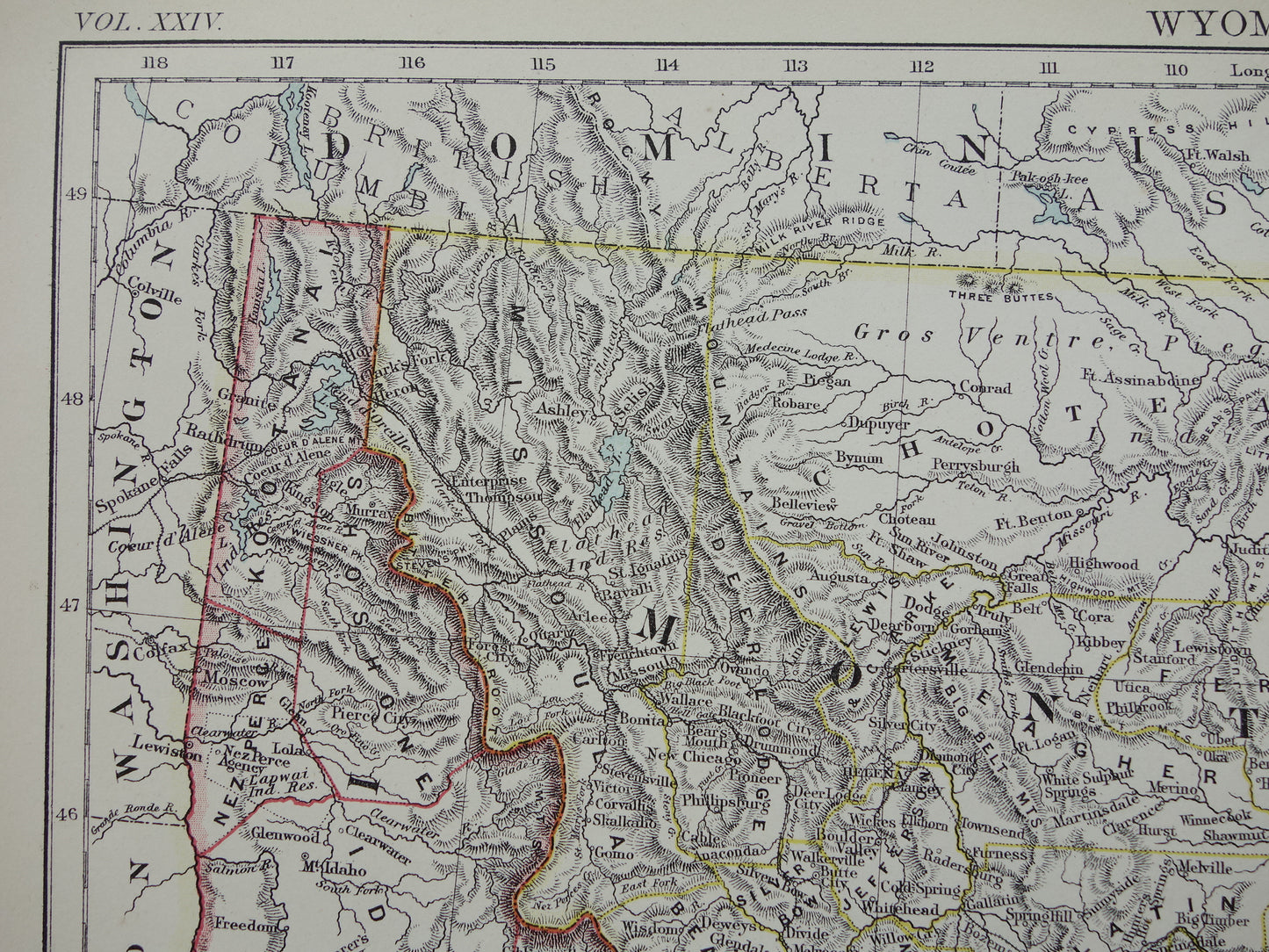 Oude kaart VS 1888 originele antieke landkaart Idaho Wyoming Montana North and South Dakota USA