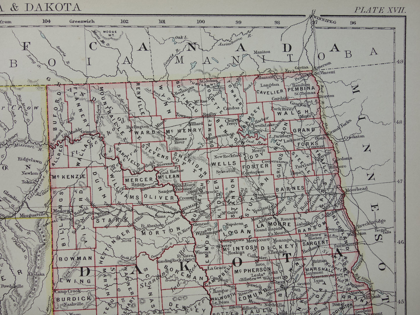 Oude kaart VS 1888 originele antieke landkaart Idaho Wyoming Montana North and South Dakota USA