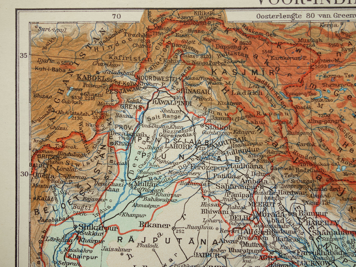Oude kaart van India uit 1938 originele vintage Nederlandse landkaart van India hoogtekaart