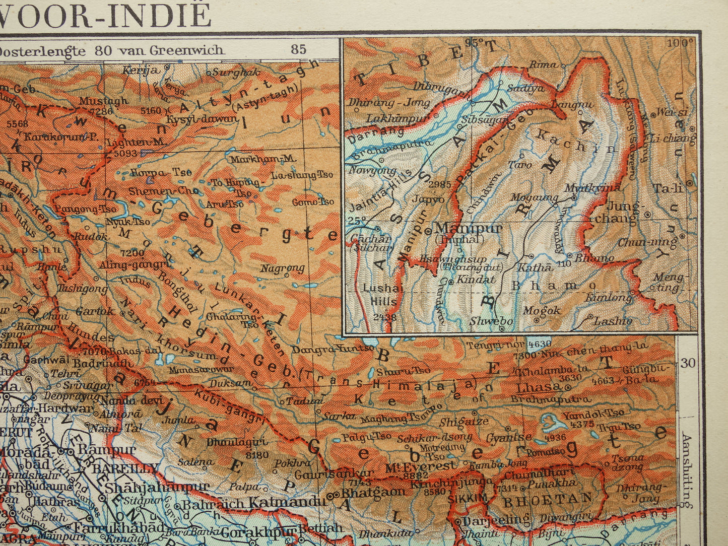 Oude kaart van India uit 1938 originele vintage Nederlandse landkaart van India hoogtekaart