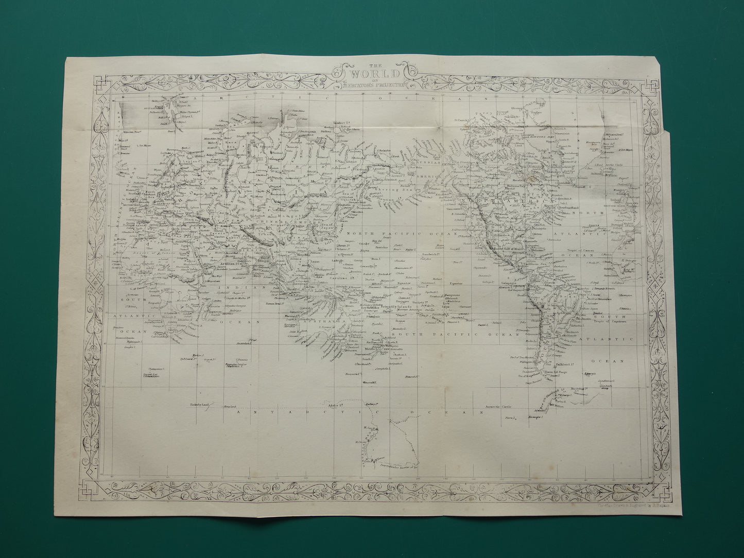 WERELDKAART vintage landkaart van de Wereld uit 1860 Originele antieke Engelse kaart