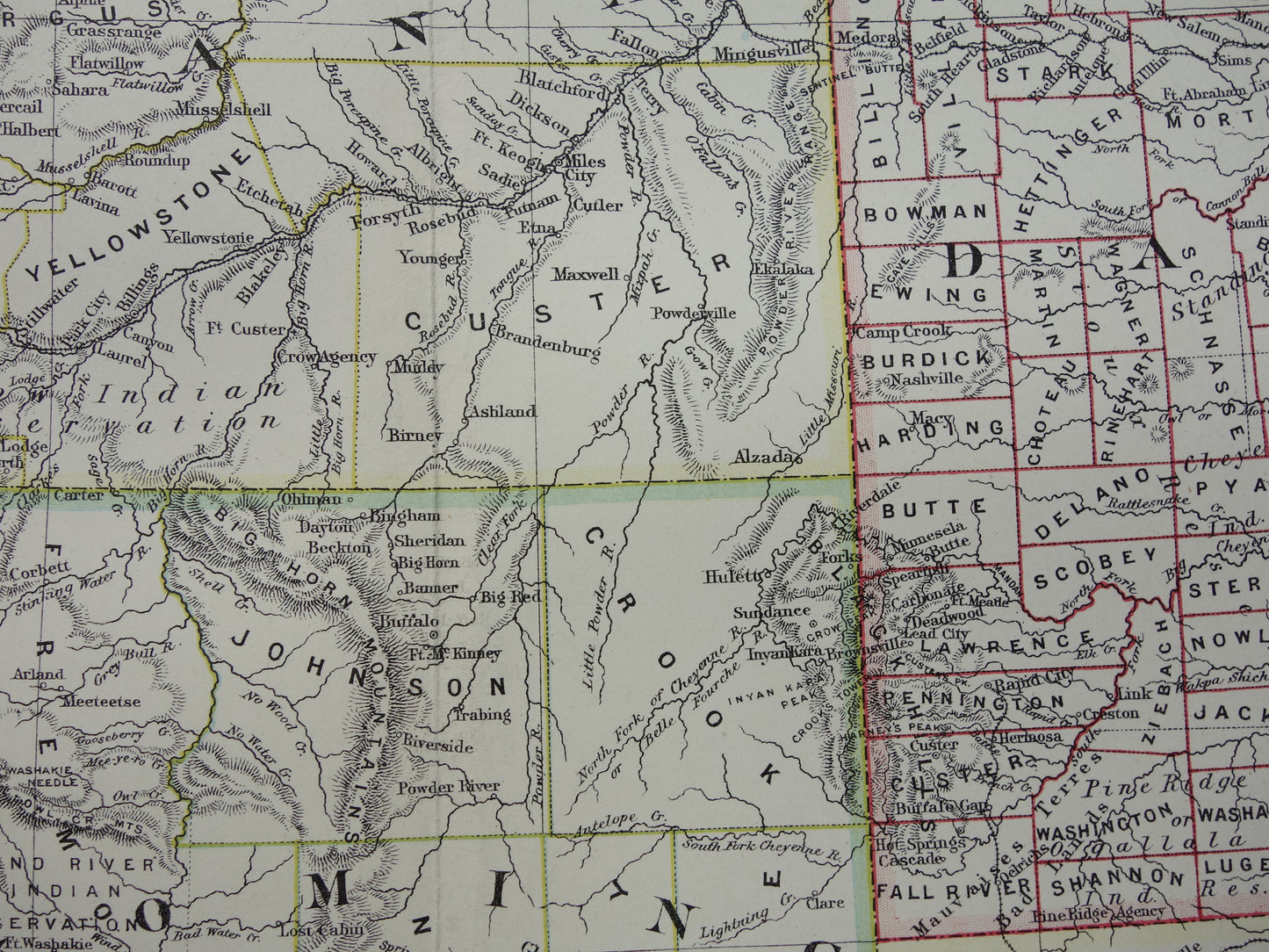 Oude kaart VS 1888 originele antieke landkaart Idaho Wyoming Montana North and South Dakota USA