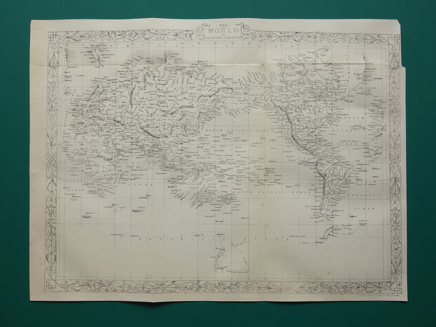 WERELDKAART vintage landkaart van de Wereld uit 1860 Originele antieke Engelse kaart