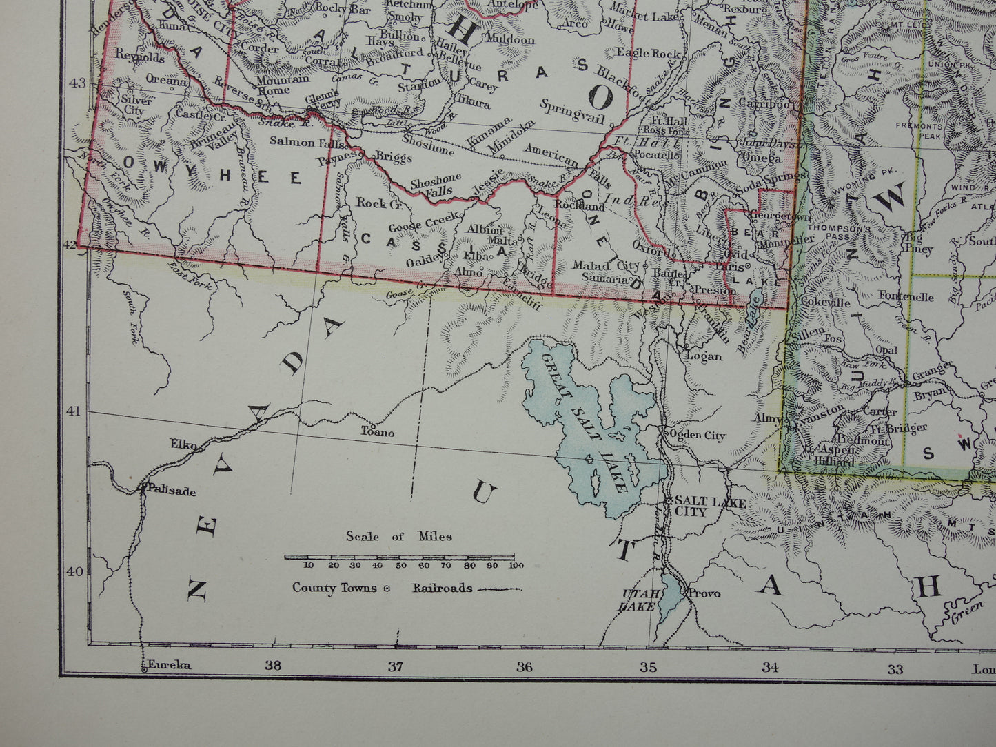 Oude kaart VS 1888 originele antieke landkaart Idaho Wyoming Montana North and South Dakota USA