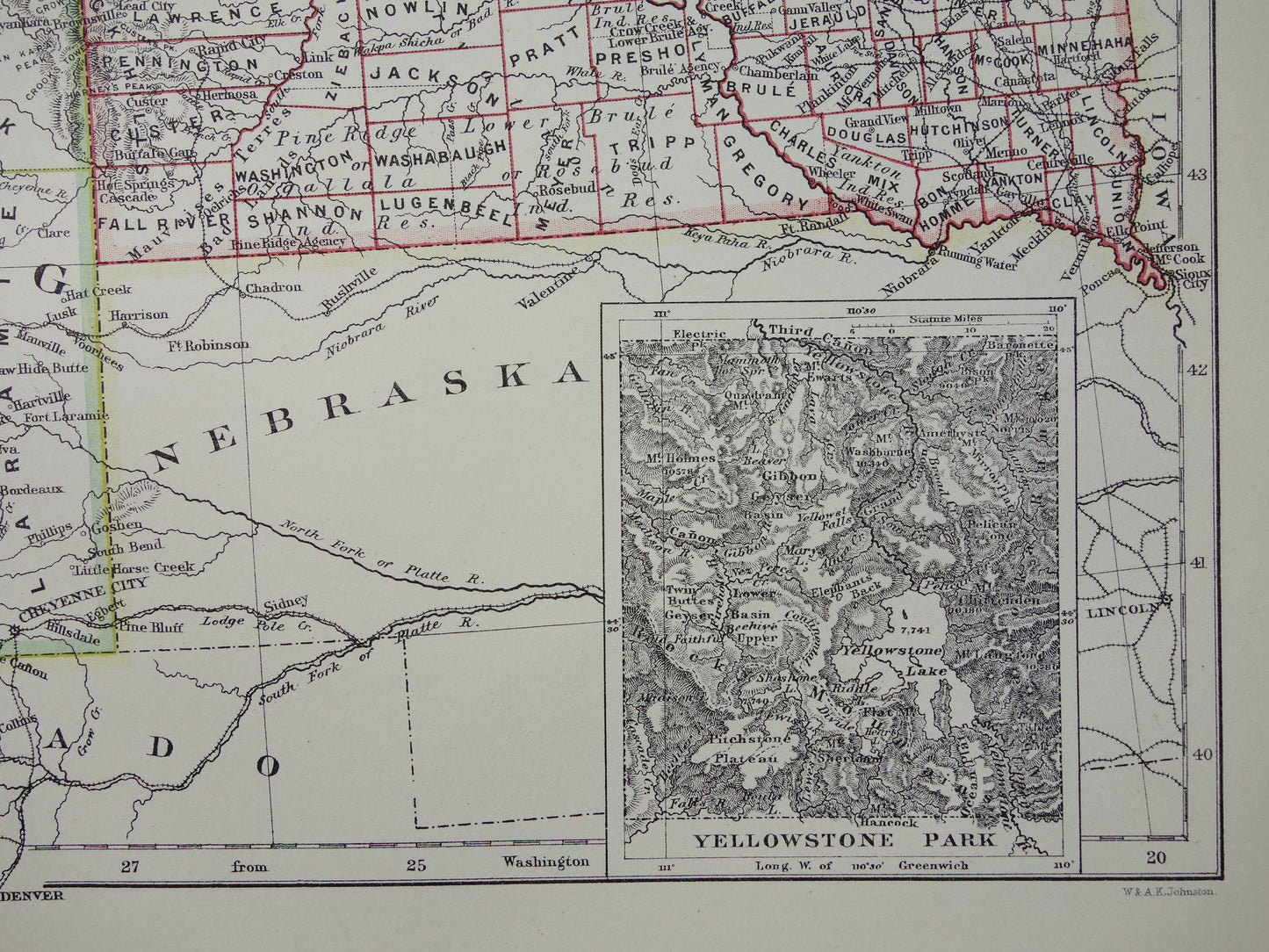 Oude kaart VS 1888 originele antieke landkaart Idaho Wyoming Montana North and South Dakota USA