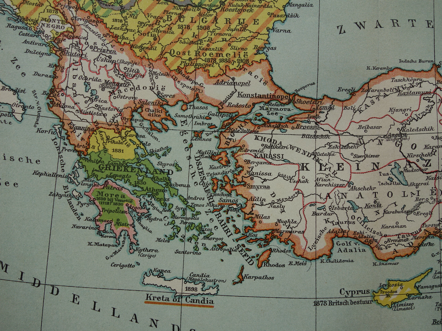 Geschiedeniskaart van het Turkse Rijk uit 1910 originele oude vintage landkaart Europees Turkije antieke kaarten Balkan