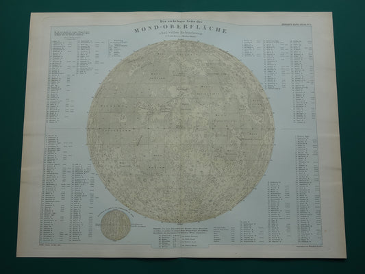 145+ jaar oude kaart van de Maan originele antieke poster zichtbare zijde van de maan met jaartal 1876 maankaart