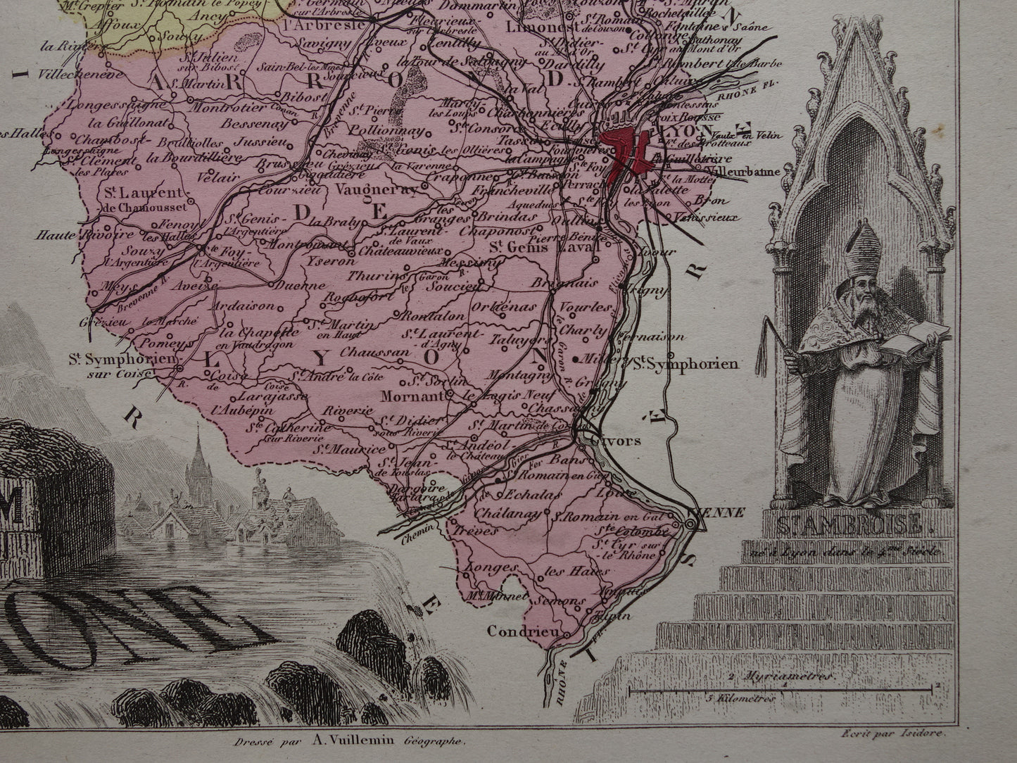 RHONE Oude kaart van Rhône departement in Frankrijk uit 1876 originele antieke landkaart Lyon historische kaarten
