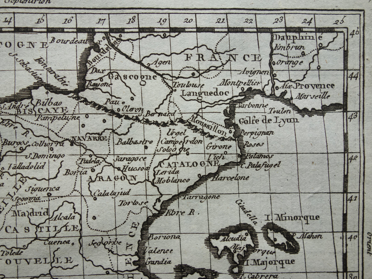 SPANJE 260+ jaar oude kaart van Spanje uit 1759 originele antieke kaart Spanje klein formaat