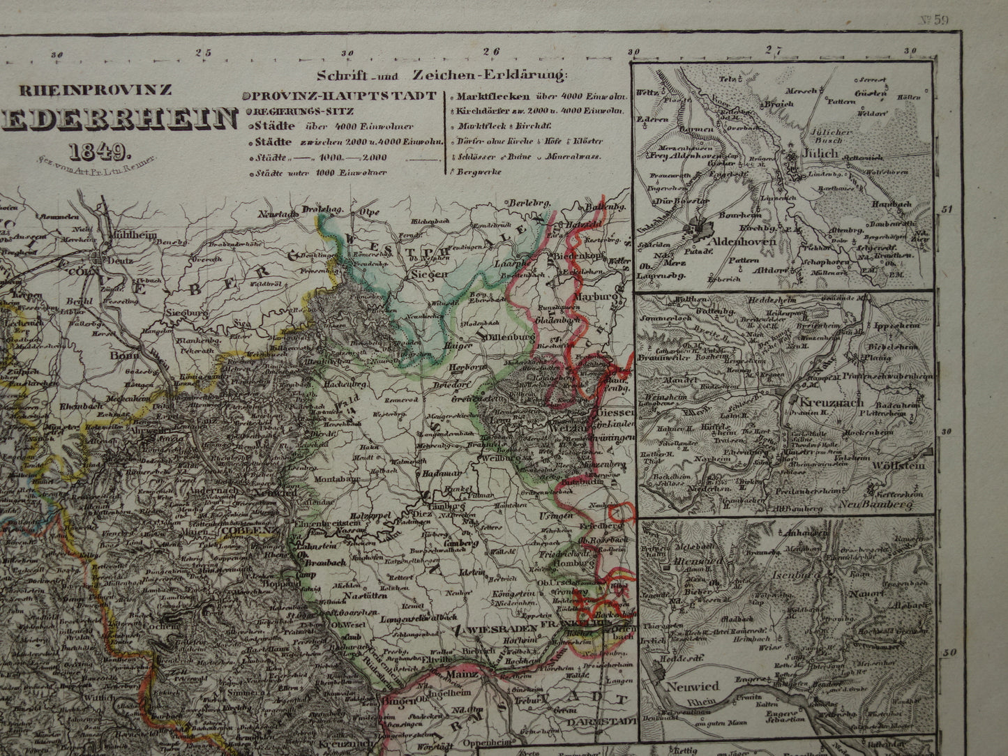 Oude kaart van Nederrijn Duitsland 175+ jaar oude handgekleurde landkaart Niederrhein Trier Koblenz Aken