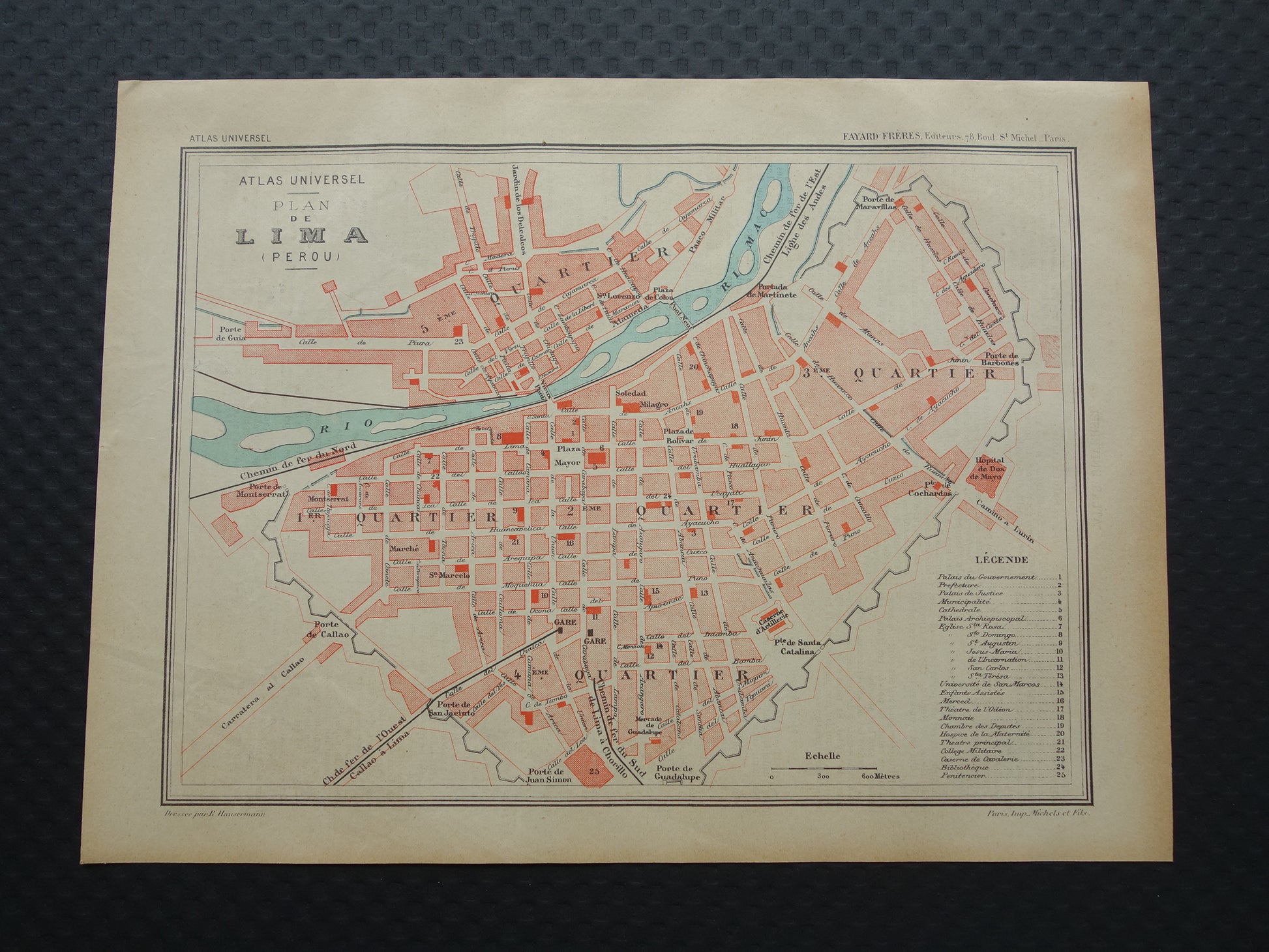 LIMA oude kaart van Lima Peru 1896 originele antieke Franse plattegrond