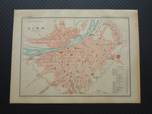 LIMA oude kaart van Lima Peru 1896 originele antieke Franse plattegrond