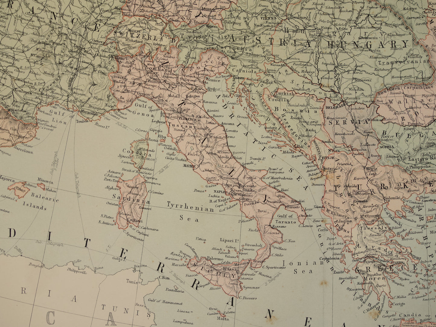 EUROPA Grote oude landkaart van Europa uit 1890 originele antieke Engelse kaart continent