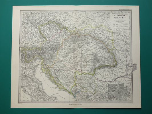 Oude kaart van Oostenrijk Hongarije uit het jaar 1886 gedetailleerde antieke landkaart met jaartal historische kaarten Oostenrijk-Hongarije