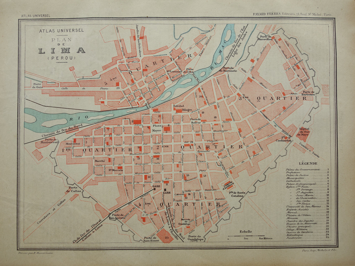 LIMA old map of Lima Peru 1896 original antique French map of Lima